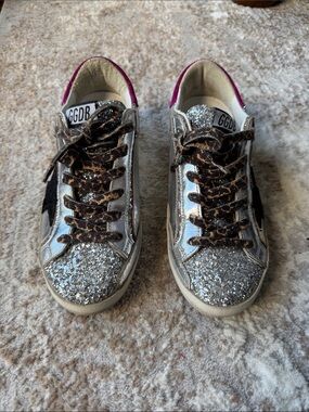 Golden Goose Silver Glitter Sneakers with Leopard Laces